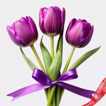 Букет из 3 фиолетовых тюльпанов с лентой