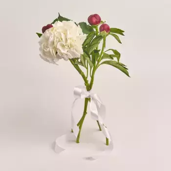 Букет из 3 красных пионов и белой гортензии