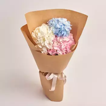 Букет из 3 разноцветных гортензий в крафте