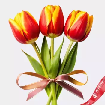 Букет из 3 тюльпанов желто-красных, с лентой, Россия