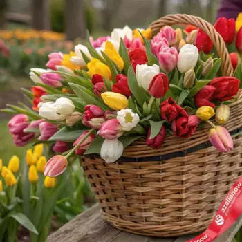 Букет из 400 тюльпанов микс в корзине, Россия