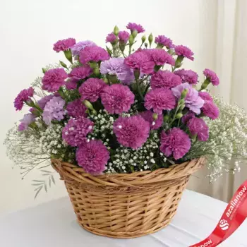 Букет из 45 фиолетовых гвоздик с гипсофилой в корзине