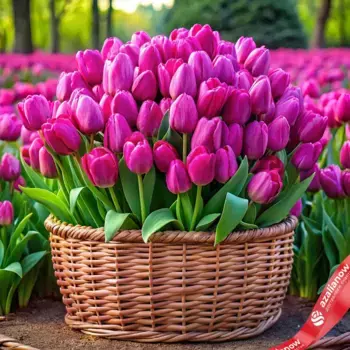 Букет из 500 малиновых тюльпанов в корзине, Россия