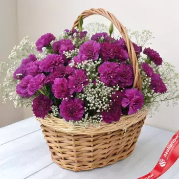 Букет из 65 фиолетовых гвоздик с гипсофилой в корзине