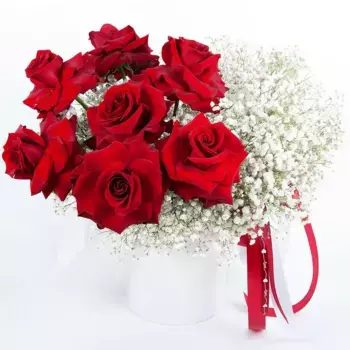 Букет из 7 красных роз и 8 гипсофил «Клубничное джелато»