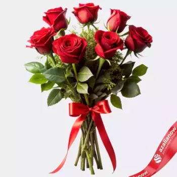 Букет из 7 красных роз с лентой, 60 см, Россия