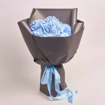 Букет из 7 синих гортензий в темно-серой бумаге