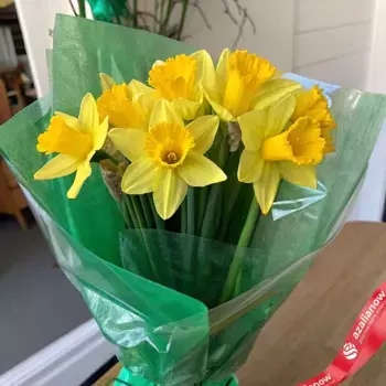 Букет из 7 желтых нарциссов в зеленой пленке