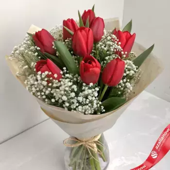 Букет из 9 красных тюльпанов и гипсофил в упаковке