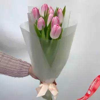 Букет из 9 розовых тюльпанов в матовой упаковке