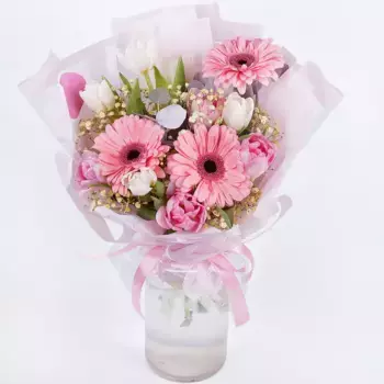 Букет из 9 тюльпанов, 3 гербер и гипсофилы «Нежная улыбка»