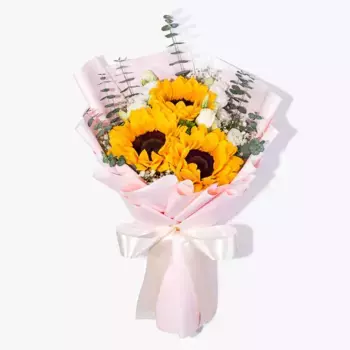 Букет из подсолнухов и лизиантусов «Раймонда»