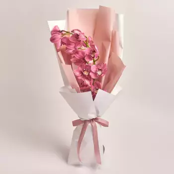 Букет из розовой орхидеи в белой и розовой бумаге