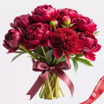 Букет невесты 15 красных пионов с бордовой лентой