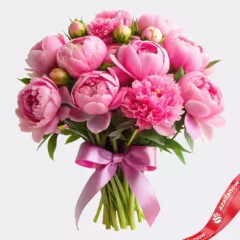 Букет невесты 15 розовых пионов с розовой лентой