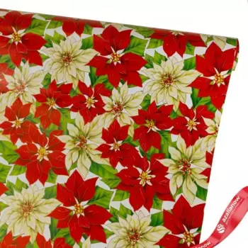 Бумага упаковочная Пуансетия, 70 см 10 м, красный/белый