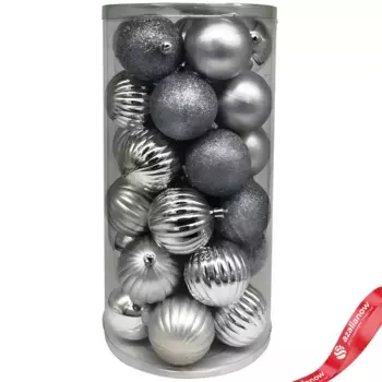 Набор шаров в тубе 30 шт. (пластик), D6см, серебряный