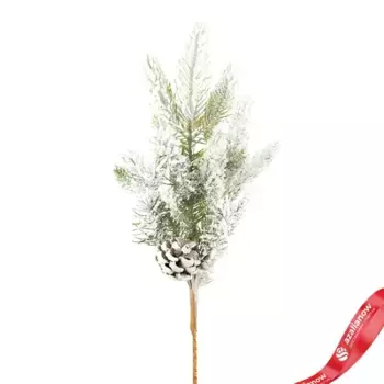 Ветка еловая с шишкой заснеженная, 41см, зеленый/белый