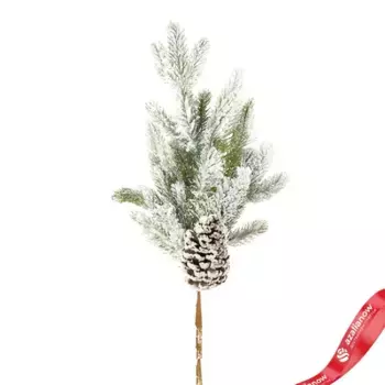 Ветка еловая с шишкой заснеженная, 56см, зеленый/белый
