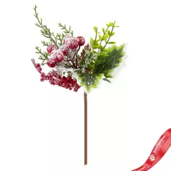 Ветка с ягодами и шишками, 21см, зеленый/красный