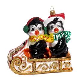 Игрушка для елки «Коллекция Традиции» Пингвины на санках, стекло, 13 см (в коробке)