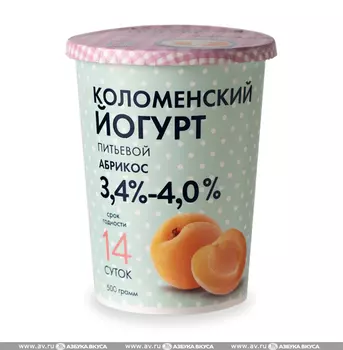 Йогурт питьевой абрикосовый "Коломенский" 3,4-4,0% 500 г, Россия, БЗМЖ