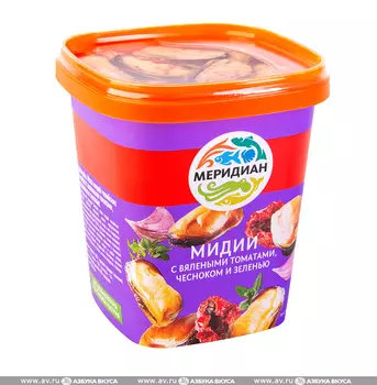 Мидии Меридиан в масле с вялеными томатами чесноком и зеленью 415г Россия