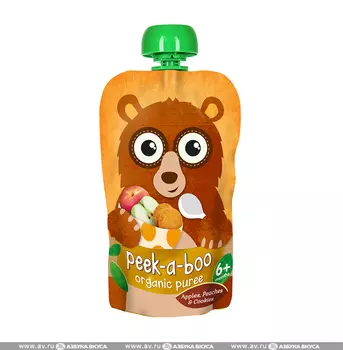 Пюре с яблоком, персиком и печеньем с 6 месяцев Peek-a-boo 113 г, Испания