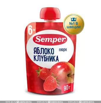 Пюре «Яблоко, клубника» с 6 месяцев, Semper, 90 г, Франция