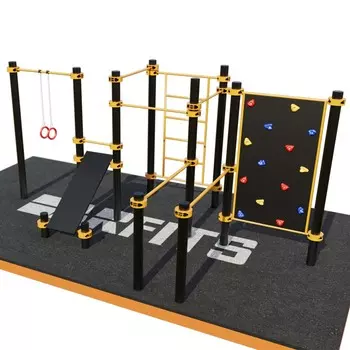 Воркаут-комплекс: скалодром, шведская стенка, кольца, 3 турника, брусья и наклонная скамья K-040