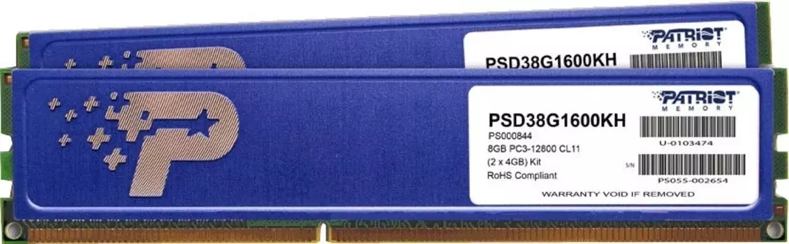 Оперативная память DIMM 8 Гб DDR3 1600 МГц Patriot Signature (PSD38G1600KH) PC3-12800, 2x4 Гб KIT