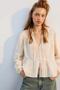 Блузка из хлопка с баской и рукавами-буфами