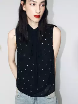 Блузка шифоновая с галстуком и стразами