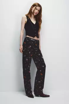 Брюки бархатные с цветочным принтом