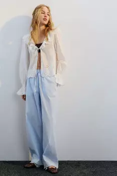 Брюки хлопковые в полоску с кружевом