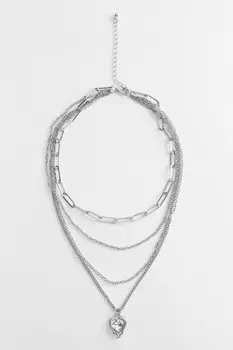 Цепочка на шею многослойная серебристая с подвеской