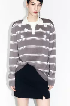 Джемпер-поло в полоску с цветочным декором