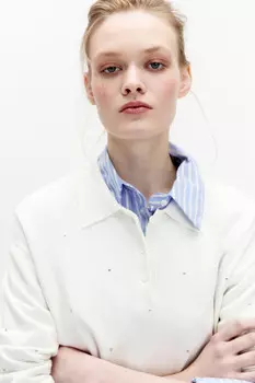 Джемпер-поло вязаный со стразами