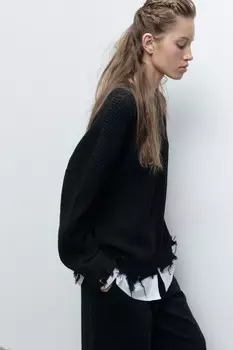 Джемпер вязаный рваный с имитацией рубашки