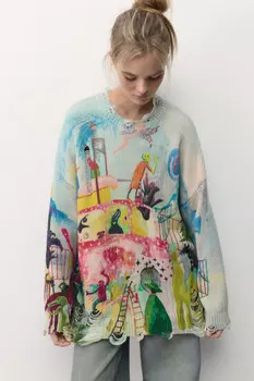 Джемпер вязаный рваный со сплошным принтом