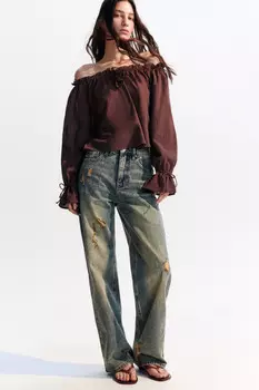 Джинсы прямые рваные с высокой посадкой