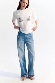 Джинсы прямые рваные с высокой посадкой