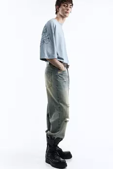 Джинсы рваные широкие с эффектом масляной стирки