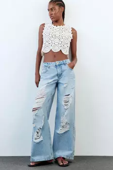 Джинсы рваные широкие с низкой посадкой