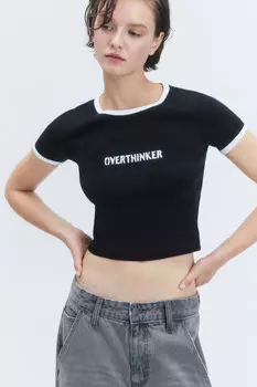 Футболка-топ с надписью и контрастной окантовкой