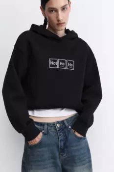 Худи укороченная с капюшоном и принтом