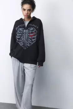 Худи-зипка oversize с принтом-скелетом