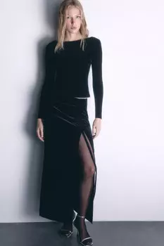 Юбка макси бархатная с разрезом и драпировкой