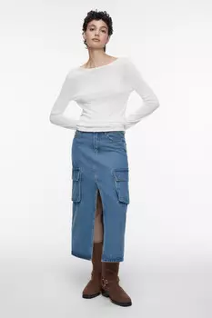 Юбка миди джинсовая прямая с карманами карго