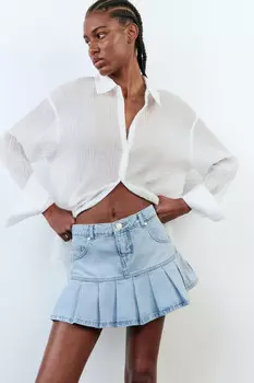 Юбка мини джинсовая в складку с низкой посадкой